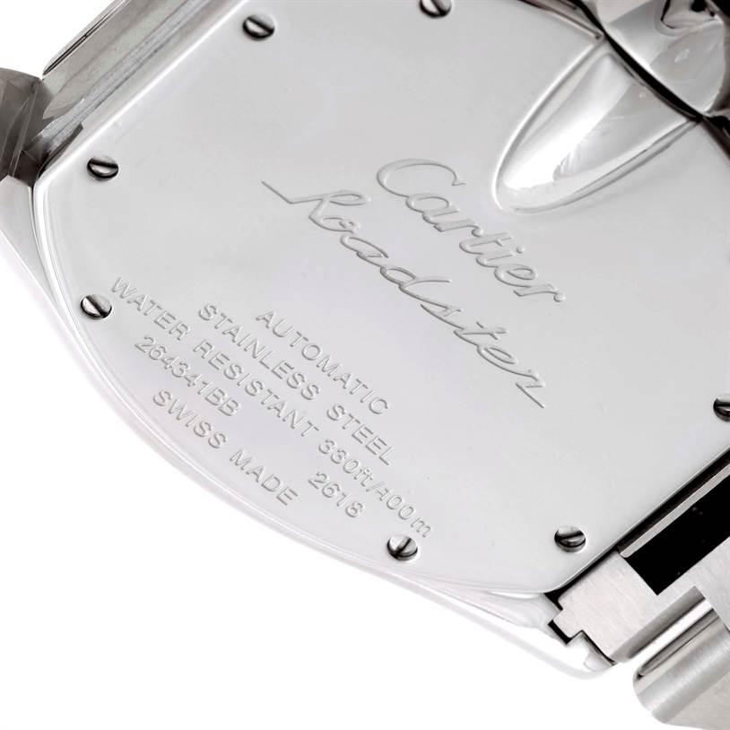 This image shows the back case of a Cartier Roadster W62007X6 Men's Stainless Steel Black Dial W62007X6 Men's Stainless Steel Black Dial watch, highlighting its inscriptions and stainless steel material.