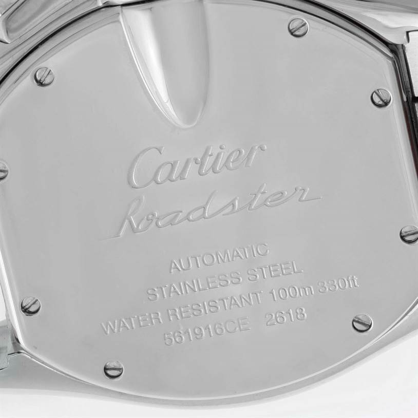 This image shows the backplate of a Cartier Roadster W62020X6 Men's Stainless Steel Black Dial W62020X6 Men's Stainless Steel Black Dial watch.