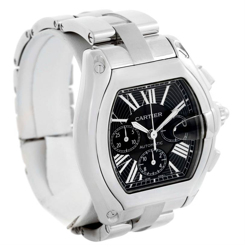 This Cartier Roadster W62020X6 Men's Stainless Steel Black Dial W62020X6 Men's Stainless Steel Black Dial model watch is shown at a front angle, focusing on the case, dial, and part of the metal bracelet.