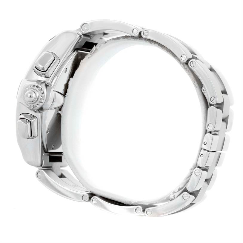 The image shows the side view of a Cartier Roadster W62020X6 Men's Stainless Steel Black Dial W62020X6 Men's Stainless Steel Black Dial watch, highlighting its buttons, crown, and metal bracelet.