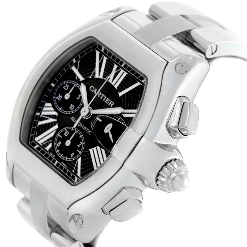 The image shows a side angle of the Cartier Roadster W62020X6 Men's Stainless Steel Black Dial W62020X6 Men's Stainless Steel Black Dial watch, highlighting its crown, pushers, and part of the bracelet.