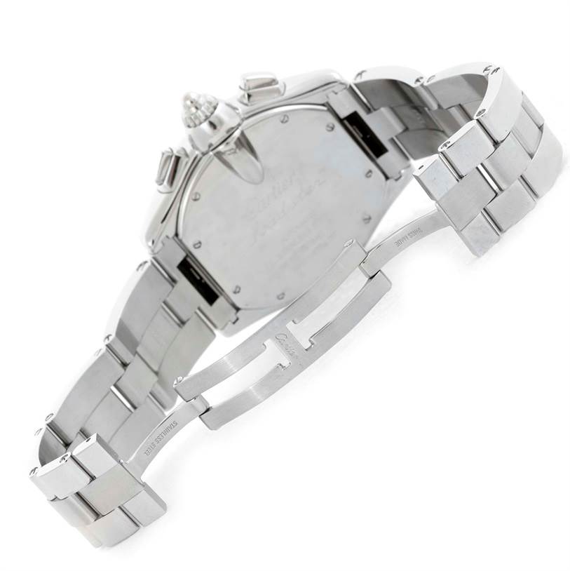 This image shows the back and partially open clasp of a Cartier Roadster W62020X6 Men's Stainless Steel Black Dial W62020X6 Men's Stainless Steel Black Dial watch, highlighting its bracelet and caseback.