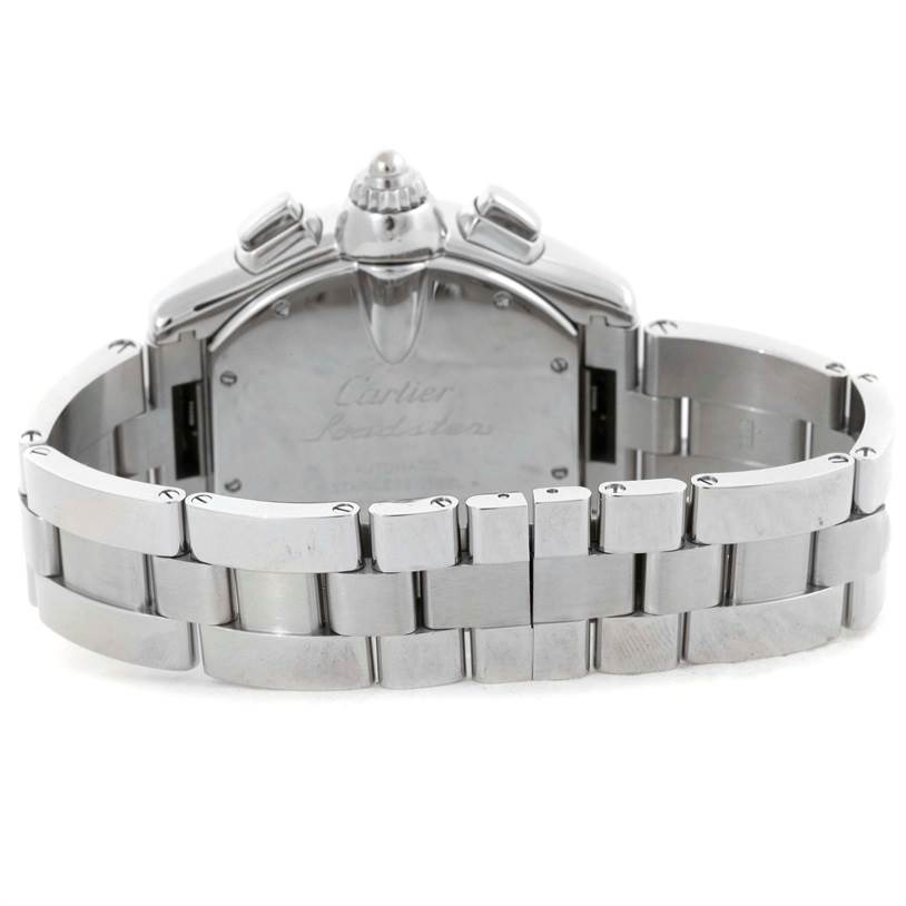 The image shows the back view of a Cartier Roadster W62020X6 Men's Stainless Steel Black Dial W62020X6 Men's Stainless Steel Black Dial watch, focusing on the caseback, crown, and metal bracelet.