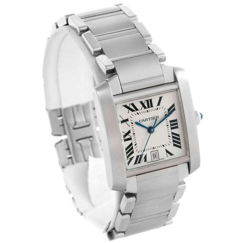 The image shows a Cartier Tank Francaise W51002Q3 Men's Stainless Steel Silver Dial W51002Q3 Men's Stainless Steel Silver Dial watch at a three-quarter angle, highlighting its face, bracelet, and crown.