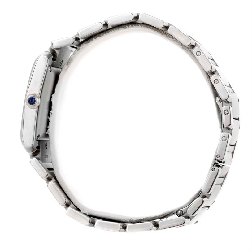 This image shows the side profile of a Cartier Tank Francaise W51002Q3 Men's Stainless Steel Silver Dial W51002Q3 Men's Stainless Steel Silver Dial watch, highlighting the bracelet and crown.