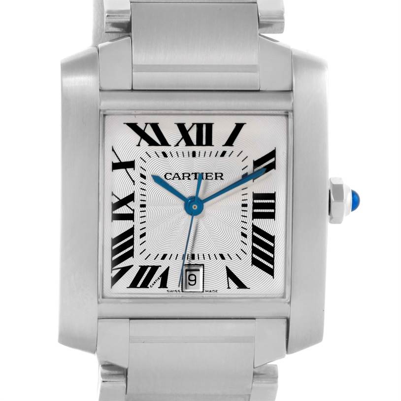 This image shows a Tank Française model by Cartier from the front, highlighting the face, Roman numerals, hands, date window, and part of the metal bracelet.