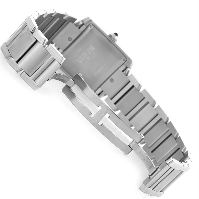 The image shows the back view of a Cartier Tank Francaise W51002Q3 Men's Stainless Steel Silver Dial W51002Q3 Men's Stainless Steel Silver Dial watch, highlighting its bracelet and clasp.