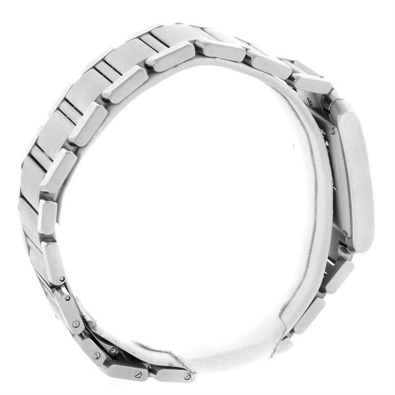 The image shows a side profile of the Tank Française model watch by Cartier, highlighting its metal bracelet and clasp.