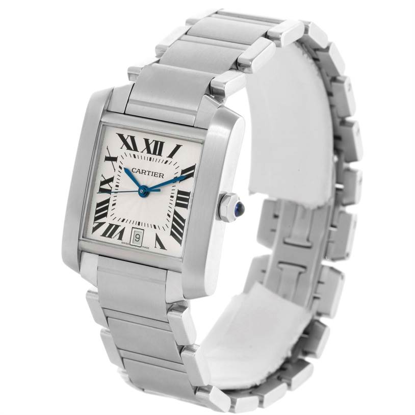 The image shows a Cartier Tank Francaise W51002Q3 Men's Stainless Steel Silver Dial W51002Q3 Men's Stainless Steel Silver Dial watch in a slightly angled side view, showcasing its face, bracelet, and crown.