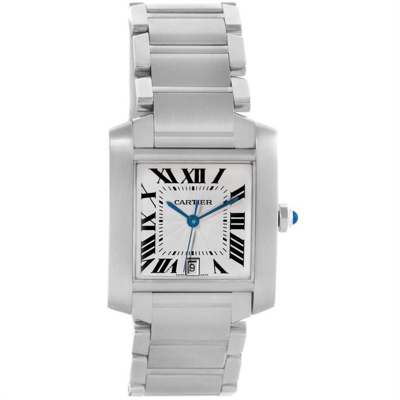 The Cartier Tank Francaise W51002Q3 Men's Stainless Steel Silver Dial W51002Q3 Men's Stainless Steel Silver Dial watch is shown from a front angle, highlighting its face, bracelet, and crown.