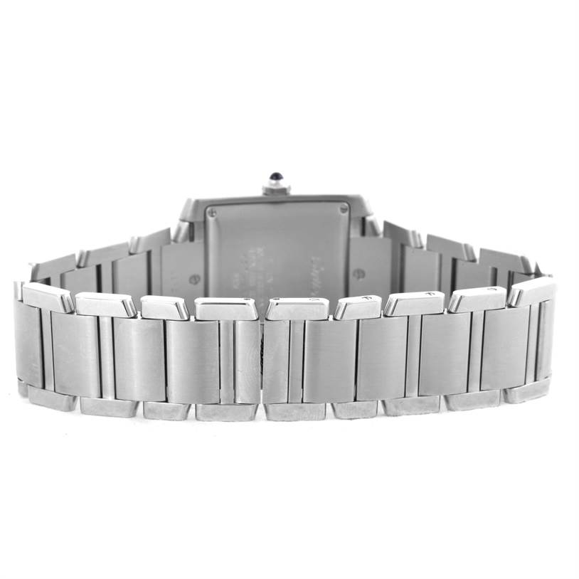 This image shows the rear view of a Cartier Tank Francaise W51002Q3 Men's Stainless Steel Silver Dial W51002Q3 Men's Stainless Steel Silver Dial watch, highlighting its stainless-steel bracelet and back case.