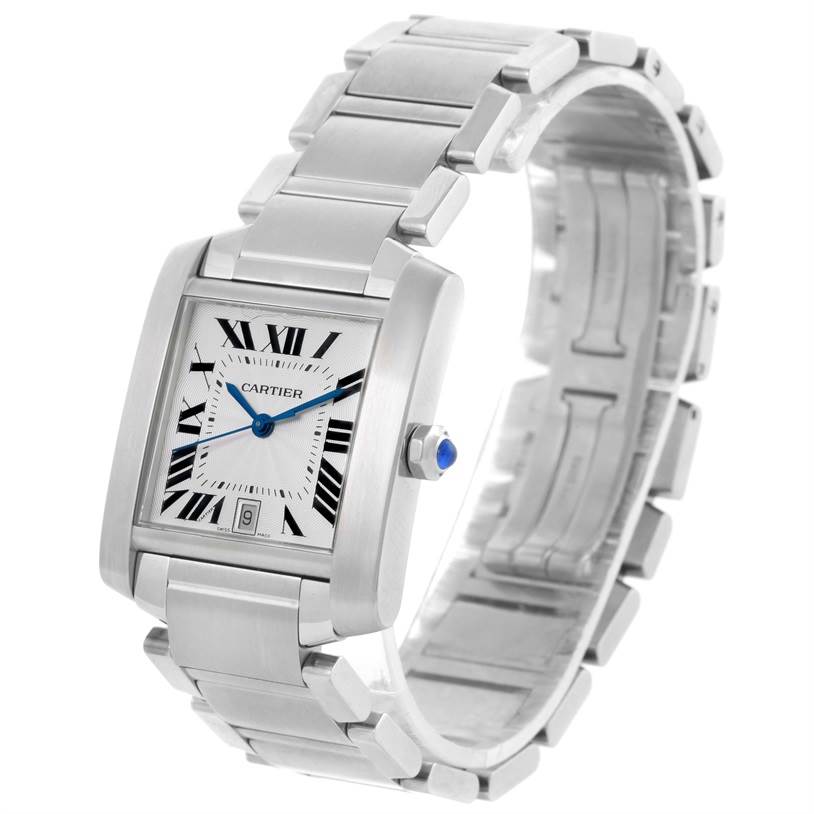 The image shows a side angle of the Cartier Tank Française watch with its face and metal bracelet clearly visible.