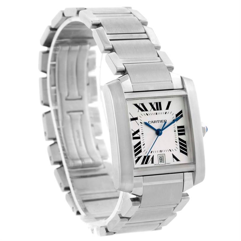 The image shows a Cartier Tank Française watch from an oblique angle, displaying its rectangular face, Roman numerals, blue hands, and metal band.