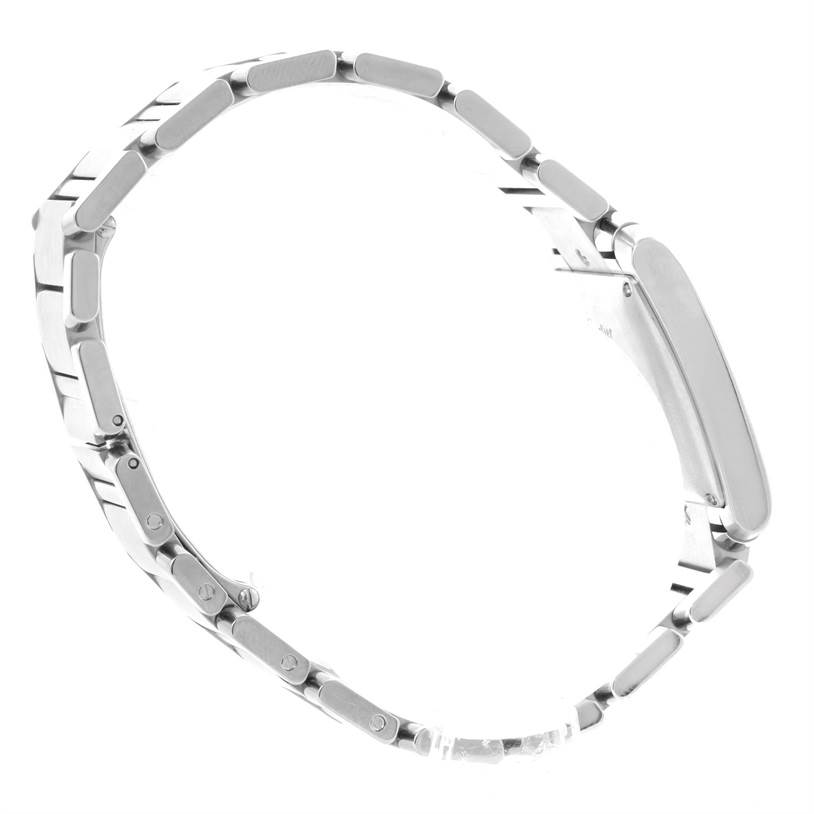 This image shows a Cartier Tank Francaise W51002Q3 Men
s Stainless Steel Silver Dial W51002Q3 Men
s Stainless Steel Silver Dial watch bracelet from a side angle, focusing on its metal links and deployment clasp.