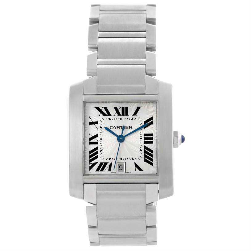 The image displays a front view of the Cartier Tank Francaise W51002Q3 Men
s Stainless Steel Silver Dial W51002Q3 Men
s Stainless Steel Silver Dial watch, showing the face, dial, and bracelet.
