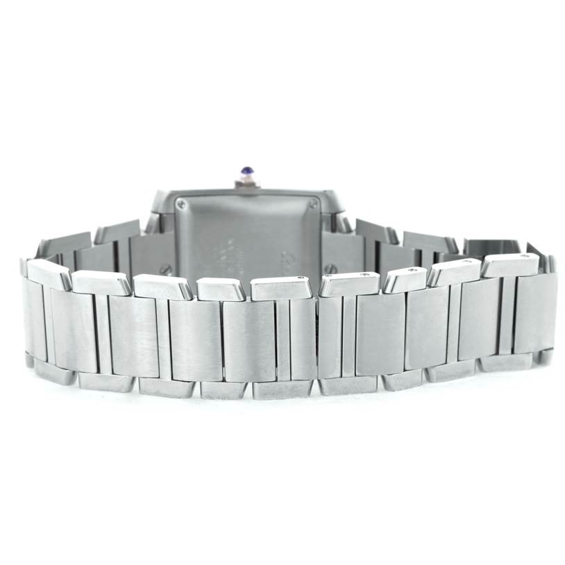 This image shows the back of the Cartier Tank Francaise W51002Q3 Men
s Stainless Steel Silver Dial W51002Q3 Men
s Stainless Steel Silver Dial watch, highlighting the metal bracelet and clasp.