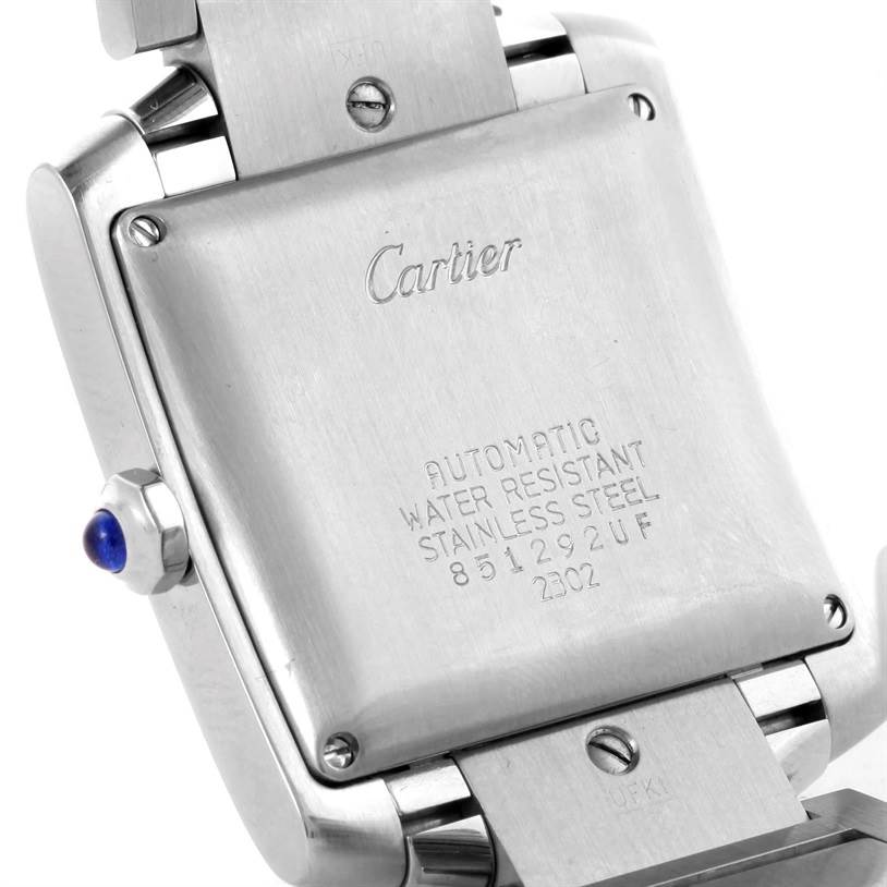 The image shows the back case and part of the bracelet of the Cartier Tank Francaise W51002Q3 Men
s Stainless Steel Silver Dial W51002Q3 Men
s Stainless Steel Silver Dial watch.
