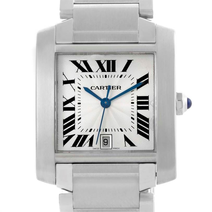 The image shows a front view of the Cartier Tank Francaise W51002Q3 Men
s Stainless Steel Silver Dial W51002Q3 Men
s Stainless Steel Silver Dial watch, highlighting its square dial, Roman numerals, and metal bracelet.