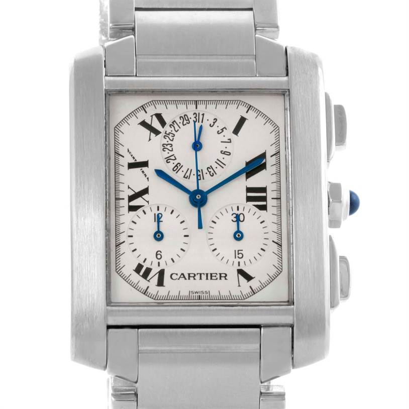 The Cartier Tank Francaise W51001Q3 Men
s Stainless Steel White Dial W51001Q3 Men
s Stainless Steel White Dial watch is shown from a front angle, highlighting the face, crown, and part of the bracelet.