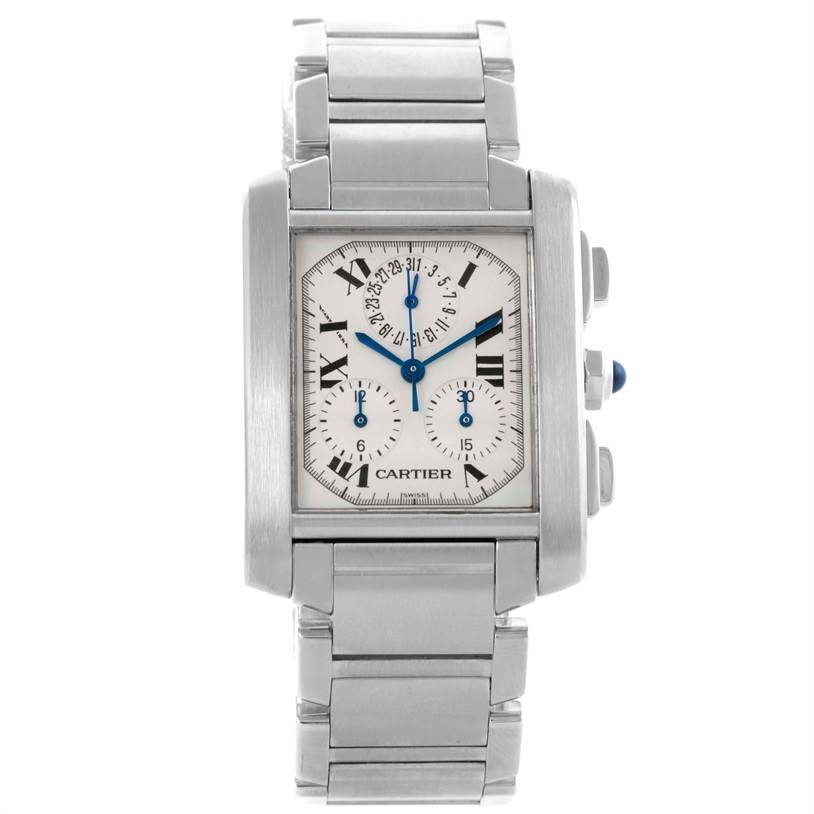This is a front view of a Cartier Tank Francaise W51001Q3 Men
s Stainless Steel White Dial W51001Q3 Men
s Stainless Steel White Dial watch, displaying its face and part of its metallic bracelet.