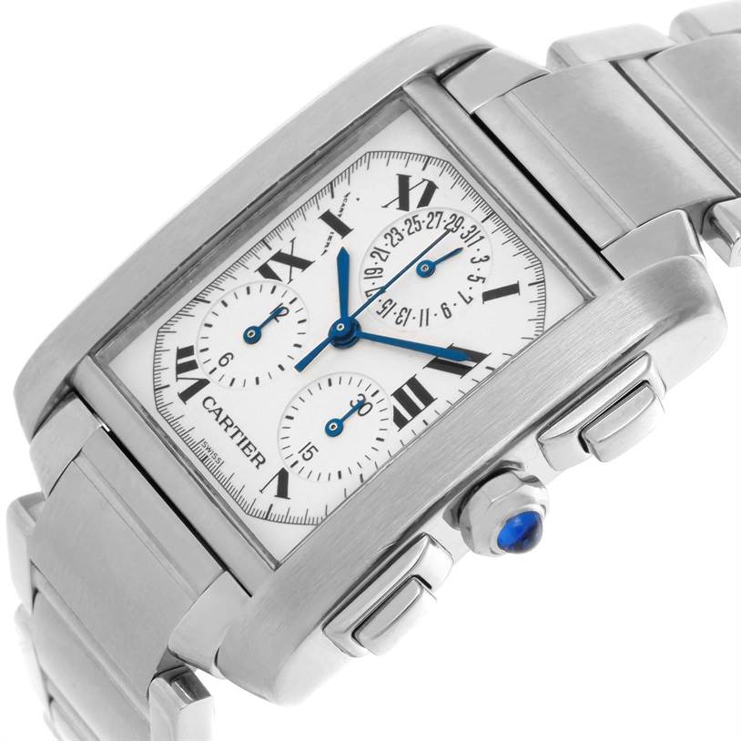 The Cartier Tank Francaise W51001Q3 Men
s Stainless Steel White Dial W51001Q3 Men
s Stainless Steel White Dial watch is shown at an angle highlighting the face, crown, buttons, and part of the bracelet.