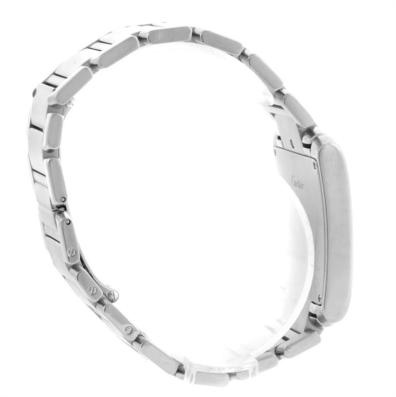 The image shows a side profile of the Cartier Tank Francaise W51001Q3 Men
s Stainless Steel White Dial W51001Q3 Men
s Stainless Steel White Dial watch, highlighting its metal bracelet and case back.