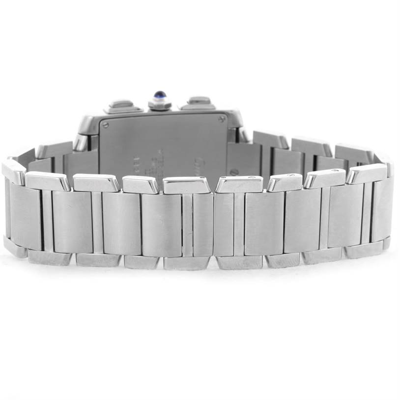 This is the back view of the Cartier Tank Française watch, showcasing its metal bracelet and clasp.