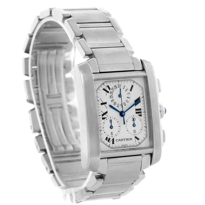 The Cartier Tank Francaise W51001Q3 Men
s Stainless Steel White Dial W51001Q3 Men
s Stainless Steel White Dial watch is shown at an angle highlighting its face, bezel, and partially open metal bracelet.