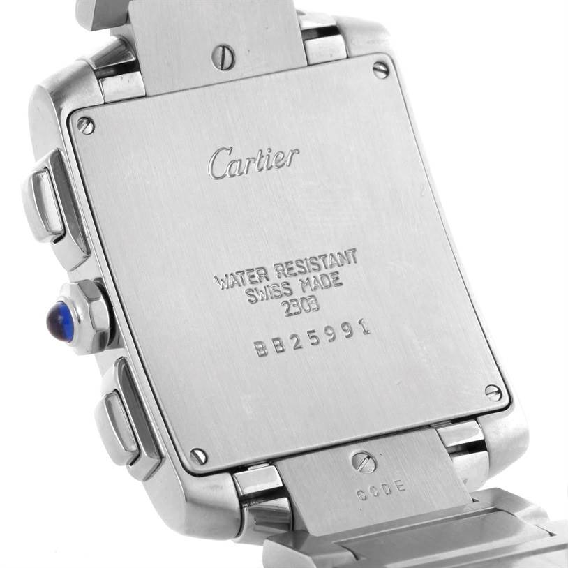 The image shows the back of a Cartier Tank Française watch, displaying its water resistance and other inscriptions.