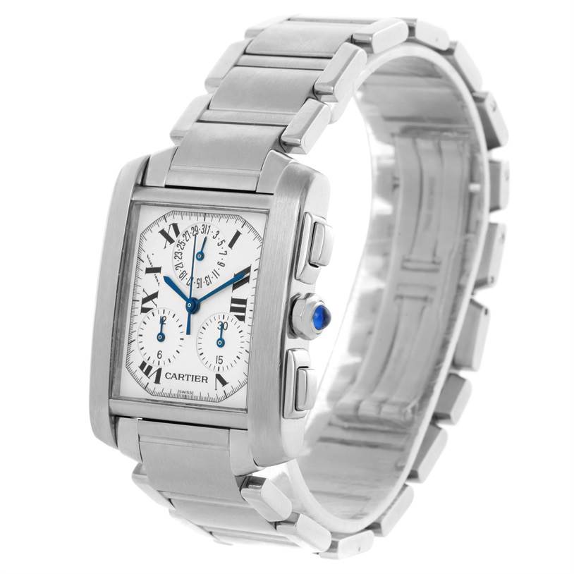 The image shows a Cartier Tank Francaise W51001Q3 Men
s Stainless Steel White Dial W51001Q3 Men
s Stainless Steel White Dial watch from an angled side view, highlighting the face, bezel, and metal bracelet.