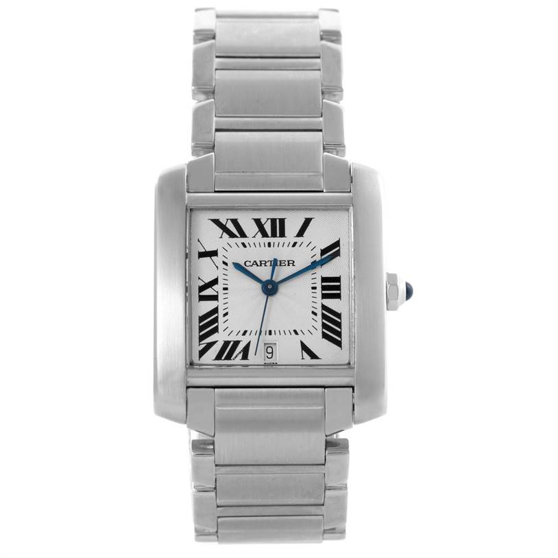 The image shows a frontal view of the Cartier Tank Francaise W51002Q3 Men's Stainless Steel Silver Dial W51002Q3 Men's Stainless Steel Silver Dial watch featuring the face and bracelet.