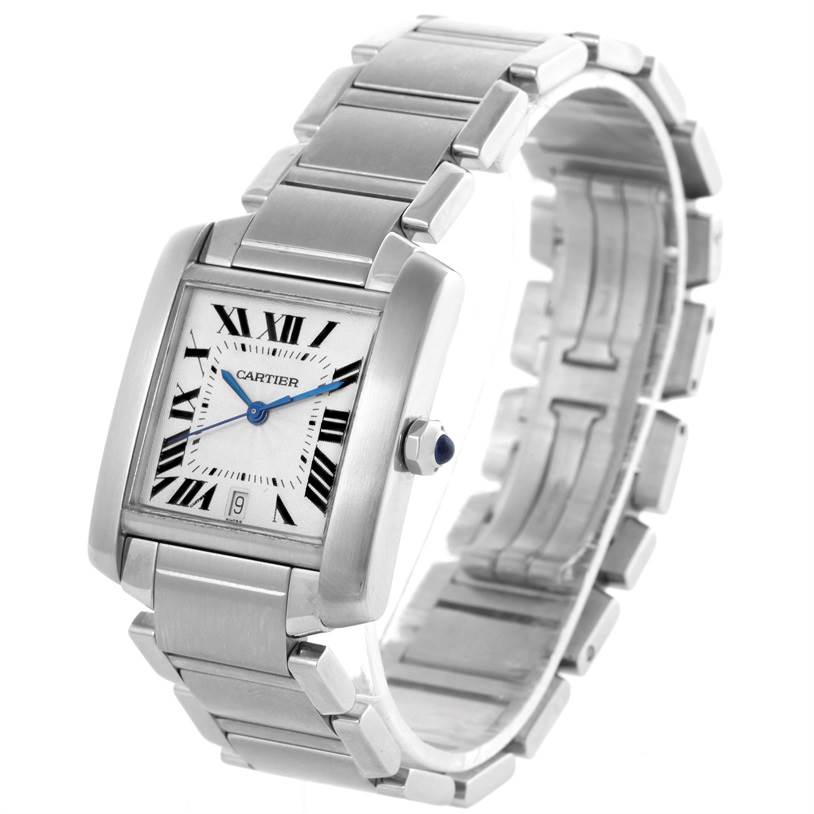 The Cartier Tank Francaise W51002Q3 Men's Stainless Steel Silver Dial W51002Q3 Men's Stainless Steel Silver Dial watch is shown at a slight angle, displaying its face, bracelet, and crown with a blue cabochon.