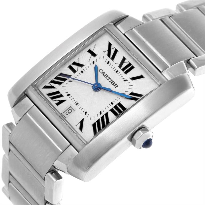 This image shows a Cartier Tank Francaise W51002Q3 Men's Stainless Steel Silver Dial W51002Q3 Men's Stainless Steel Silver Dial watch from an angled close-up, highlighting the dial, bracelet, and crown.
