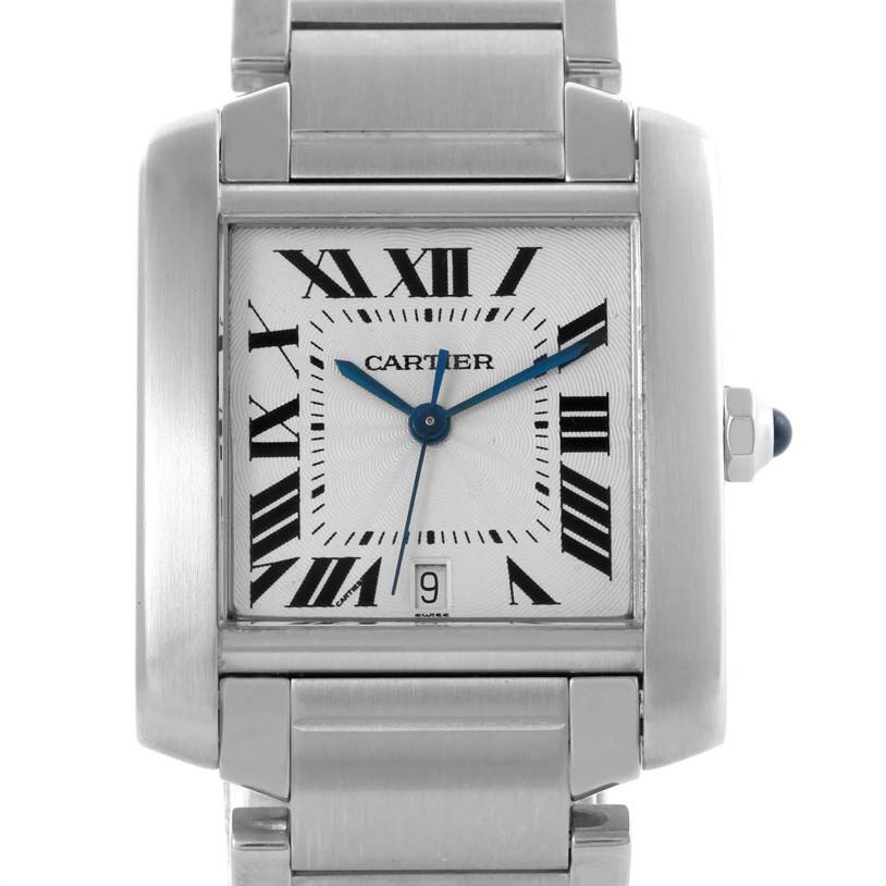 This is a front view of the Cartier Tank Francaise W51002Q3 Men's Stainless Steel Silver Dial W51002Q3 Men's Stainless Steel Silver Dial watch, showing the dial, Roman numerals, hands, date window, and part of the metal bracelet.