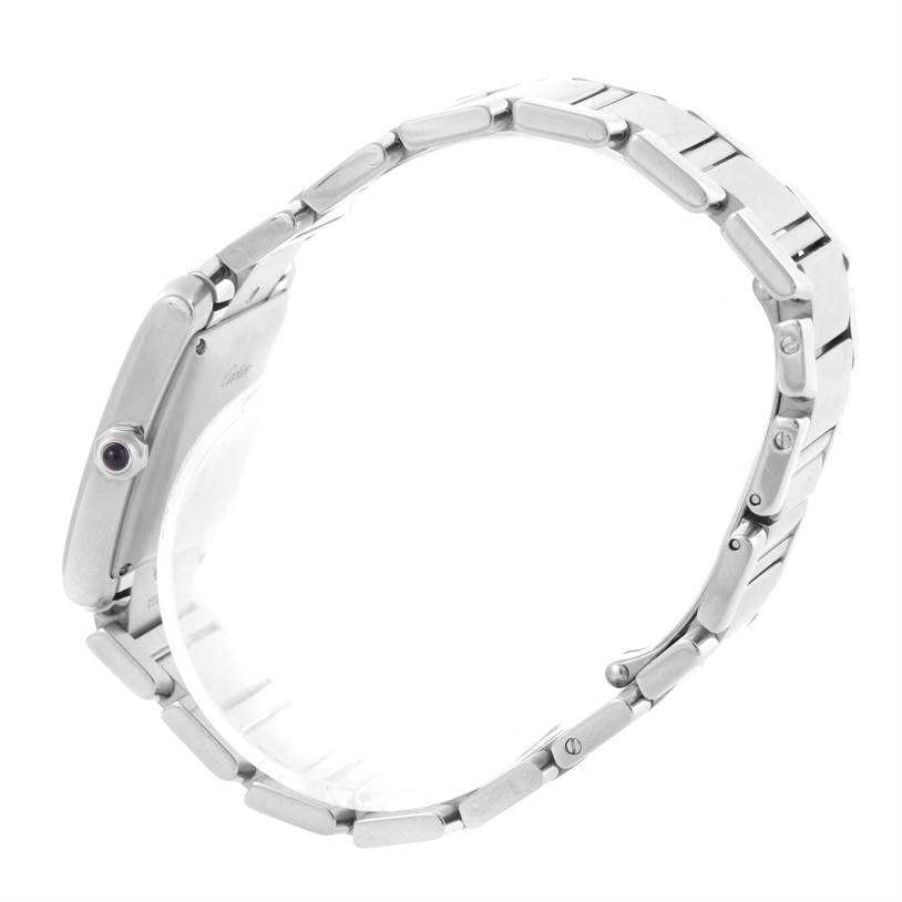 The image displays a side view of a Cartier Tank Francaise W51002Q3 Men's Stainless Steel Silver Dial W51002Q3 Men's Stainless Steel Silver Dial watch, highlighting its metal bracelet and side profile, including the crown.