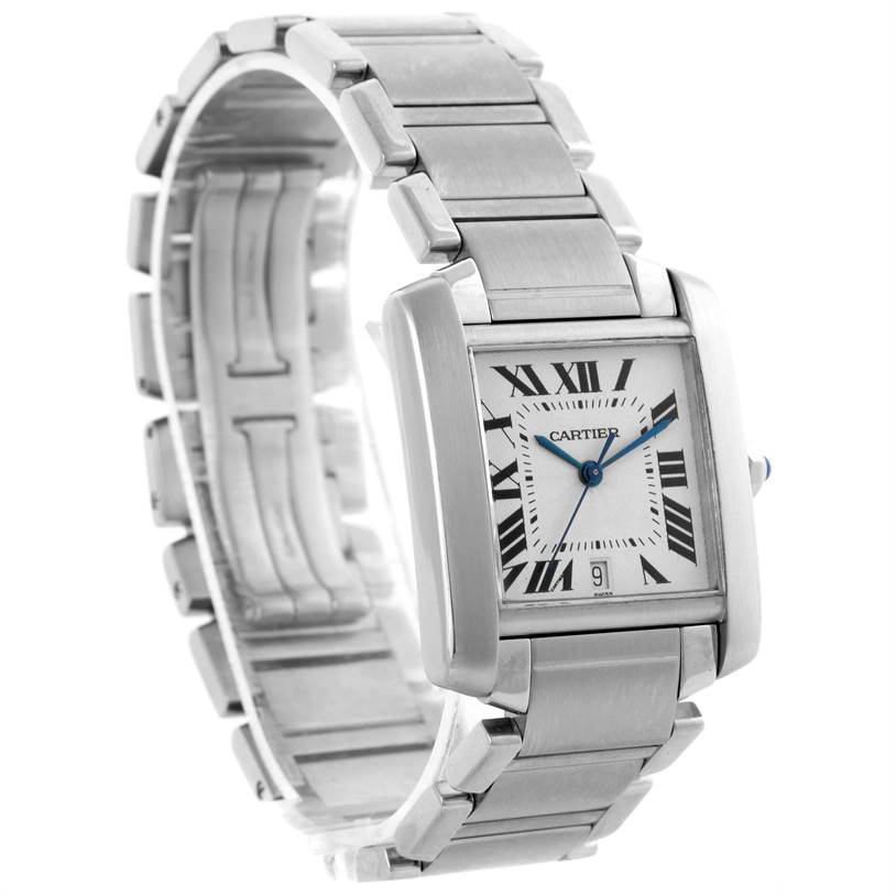 The image shows a Cartier Tank Francaise W51002Q3 Men's Stainless Steel Silver Dial W51002Q3 Men's Stainless Steel Silver Dial watch at a slight angle, displaying the face, case, and part of the metal bracelet.