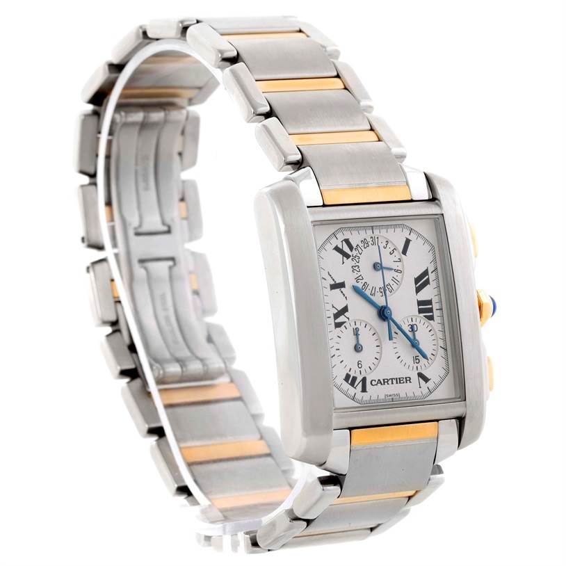 The image shows a Tank Francaise model by Cartier at a three-quarter angle, displaying the dial and bracelet.