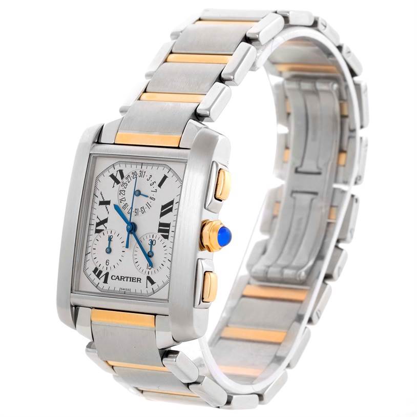 This image shows the Cartier Tank Francaise W51004Q4 Men
s Steel and Gold (two tone) Silver Dial W51004Q4 Men
s Steel and Gold (two tone) Silver Dial watch at an angle displaying the face, bezel, crown, and part of the metal bracelet.