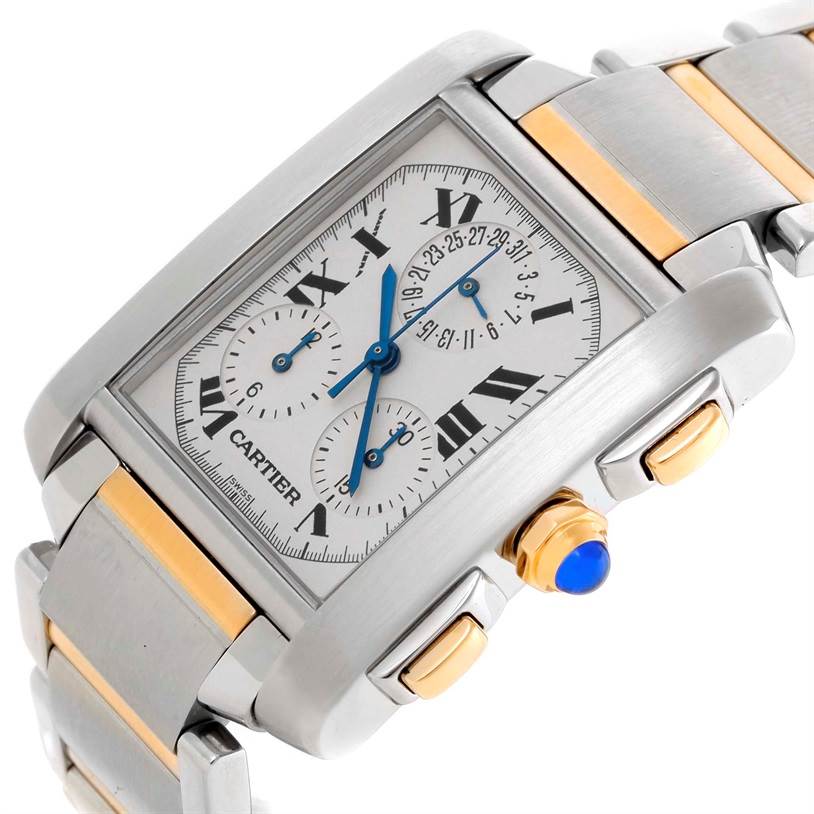 The image shows a Cartier Tank Francaise W51004Q4 Men
s Steel and Gold (two tone) Silver Dial W51004Q4 Men
s Steel and Gold (two tone) Silver Dial watch at a close-up angle, featuring its dial, crown, pushers, and part of the bracelet.