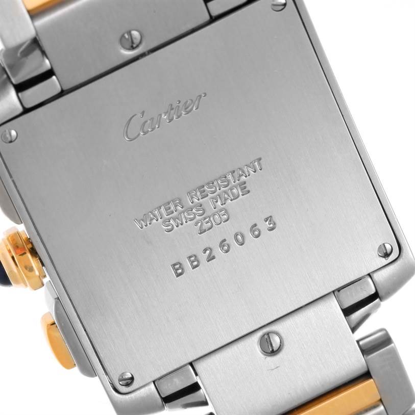 This image shows the back case of the Cartier Tank Française watch, highlighting its engravings and part of the bracelet.