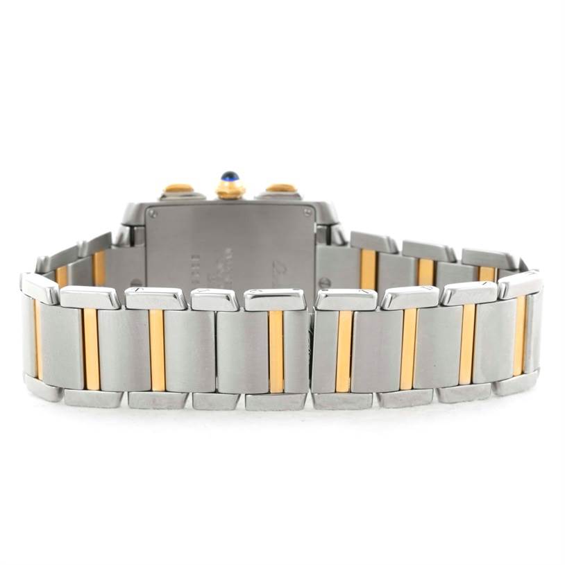 This image shows the back view of the bracelet and part of the case of a Cartier Tank Francaise W51004Q4 Men
s Steel and Gold (two tone) Silver Dial W51004Q4 Men
s Steel and Gold (two tone) Silver Dial watch.