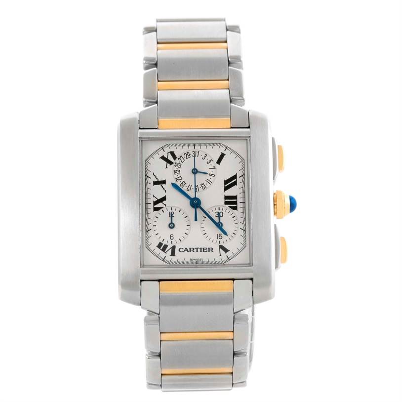 The image shows a front view of a Cartier Tank Francaise W51004Q4 Men
s Steel and Gold (two tone) Silver Dial W51004Q4 Men
s Steel and Gold (two tone) Silver Dial model watch, displaying the face, bezel, and bracelet.