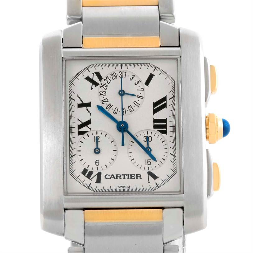 The image shows a frontal view of a Cartier Tank Francaise W51004Q4 Men
s Steel and Gold (two tone) Silver Dial W51004Q4 Men
s Steel and Gold (two tone) Silver Dial watch, highlighting the face, hands, and a portion of the band.