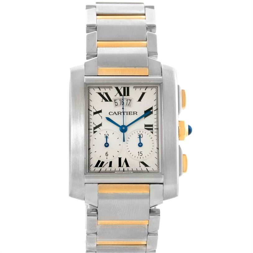 Front view of the Cartier Tank Française watch highlighting the face, bracelet, and side buttons.
