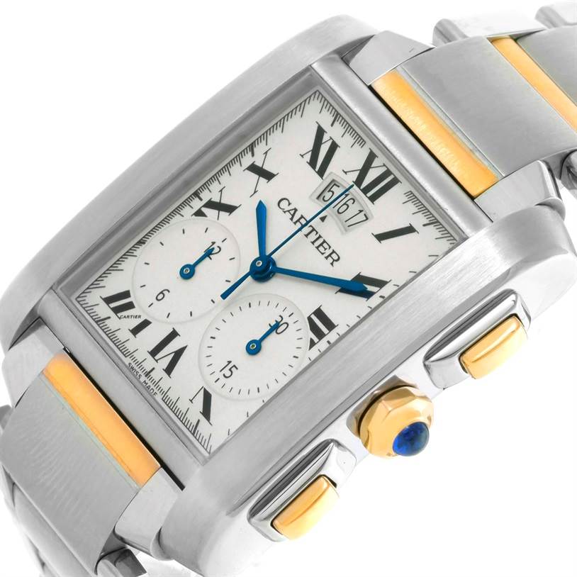 This image shows a close-up angled view of the Cartier Tank Francaise W51004Q4 Men
s Steel and Gold (two tone) Silver Dial W51004Q4 Men
s Steel and Gold (two tone) Silver Dial watch, highlighting the dial, bracelet, and crown.
