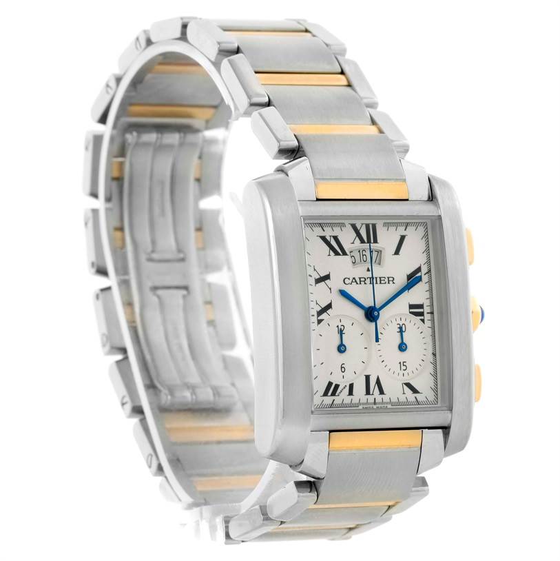 The image shows a side angle view of a Cartier Tank Francaise W51004Q4 Men
s Steel and Gold (two tone) Silver Dial W51004Q4 Men
s Steel and Gold (two tone) Silver Dial watch, highlighting its bracelet, dial, and crown.
