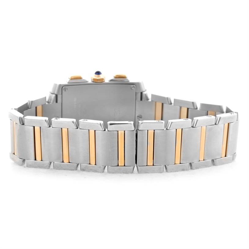 The image shows the back of a Cartier Tank Francaise W51004Q4 Men
s Steel and Gold (two tone) Silver Dial W51004Q4 Men
s Steel and Gold (two tone) Silver Dial watch, highlighting its two-tone bracelet and clasp.