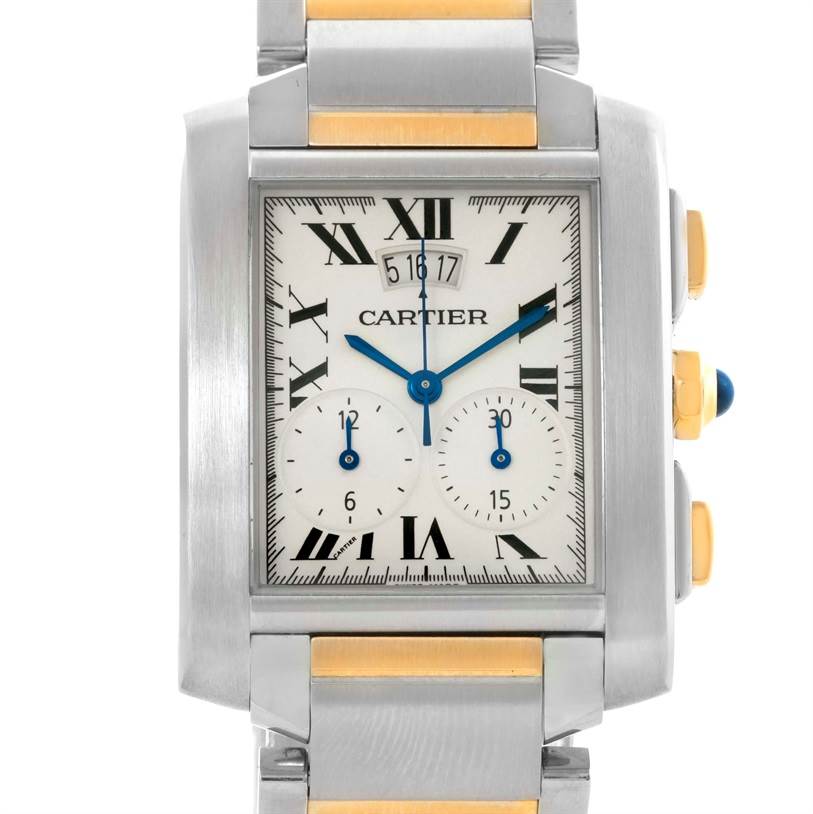 The image shows a front view of the Cartier Tank Francaise W51004Q4 Men
s Steel and Gold (two tone) Silver Dial W51004Q4 Men
s Steel and Gold (two tone) Silver Dial watch, highlighting its dial, Roman numerals, and chronograph subdials.