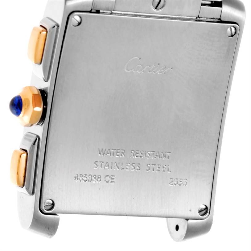 The image shows the backside of the Cartier Tank Francaise W51004Q4 Men
s Steel and Gold (two tone) Silver Dial W51004Q4 Men
s Steel and Gold (two tone) Silver Dial watch, highlighting the brand name, model, and water resistance marking.