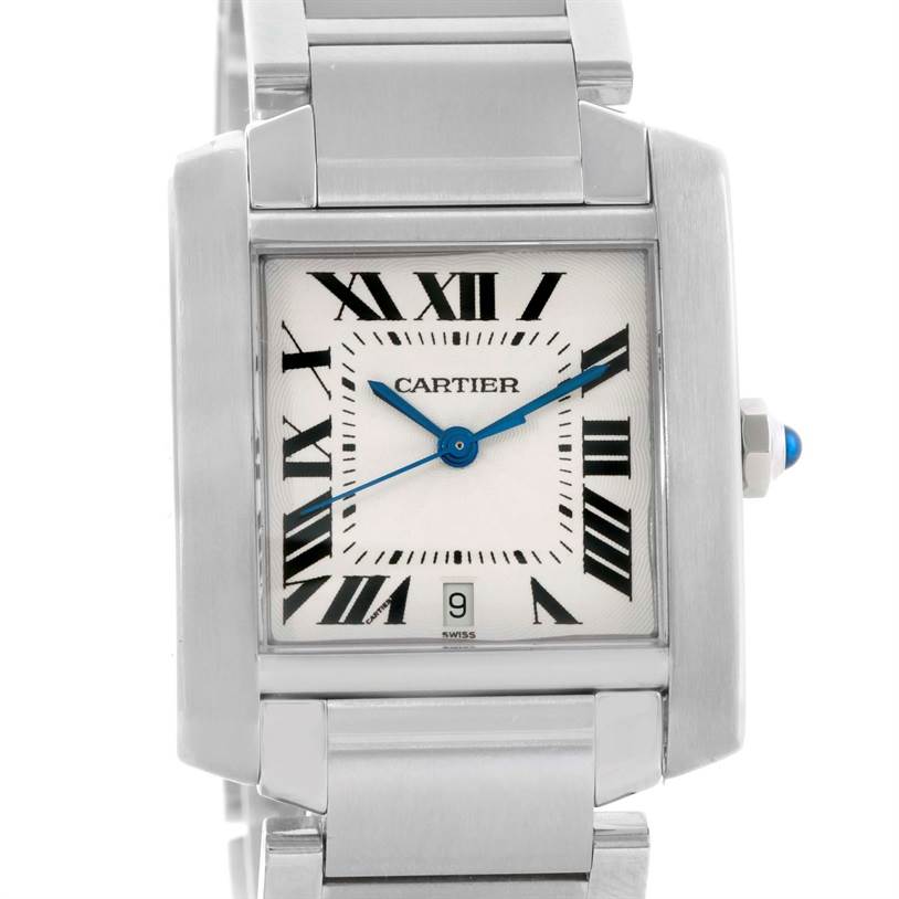 This image shows the front view of a Cartier Tank Française watch, highlighting its square face, Roman numerals, and stainless steel bracelet.